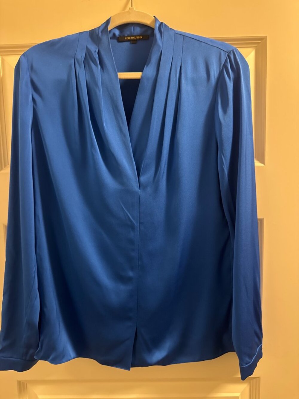 Kobi Halperin Cobalt Blue Silk V-Neck Blouse Button Cuffs Size S